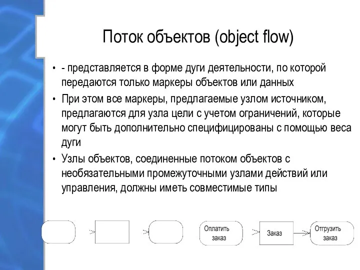 Поток объектов (object flow) - представляется в форме дуги деятельности, по