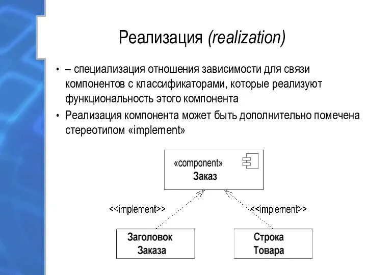 Реализация (realization) – специализация отношения зависимости для связи компонентов с классификаторами,