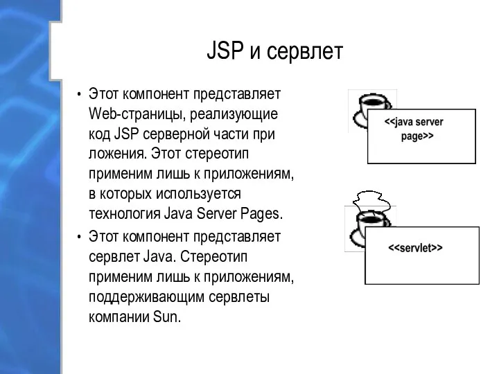 JSP и сервлет Этот компонент представляет Web-страницы, реализующие код JSP серверной