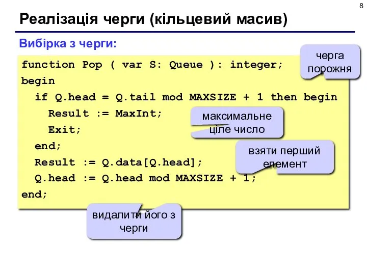 Реалізація черги (кільцевий масив) Вибірка з черги: function Pop ( var