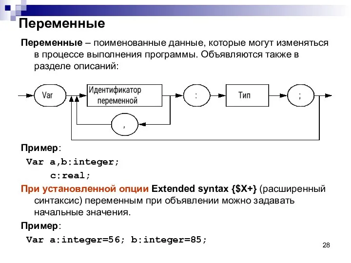 Переменные Переменные – поименованные данные, которые могут изменяться в процессе выполнения