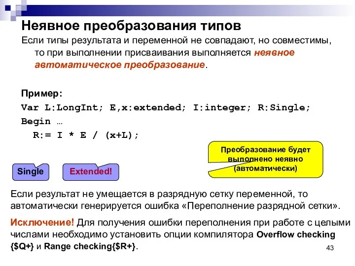 Неявное преобразования типов Если типы результата и переменной не совпадают, но