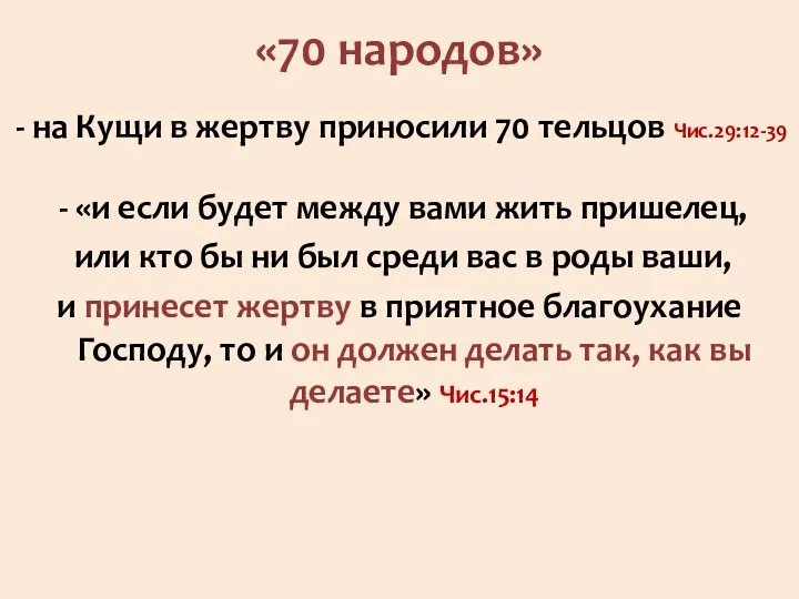 «70 народов» - на Кущи в жертву приносили 70 тельцов Чис.29:12-39