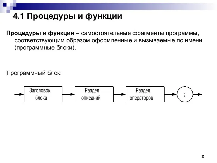 4.1 Процедуры и функции Процедуры и функции – самостоятельные фрагменты программы,