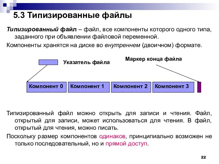 5.3 Типизированные файлы Типизированный файл – файл, все компоненты которого одного