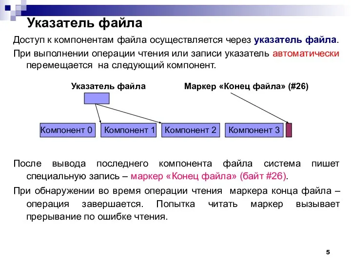 Указатель файла Доступ к компонентам файла осуществляется через указатель файла. При