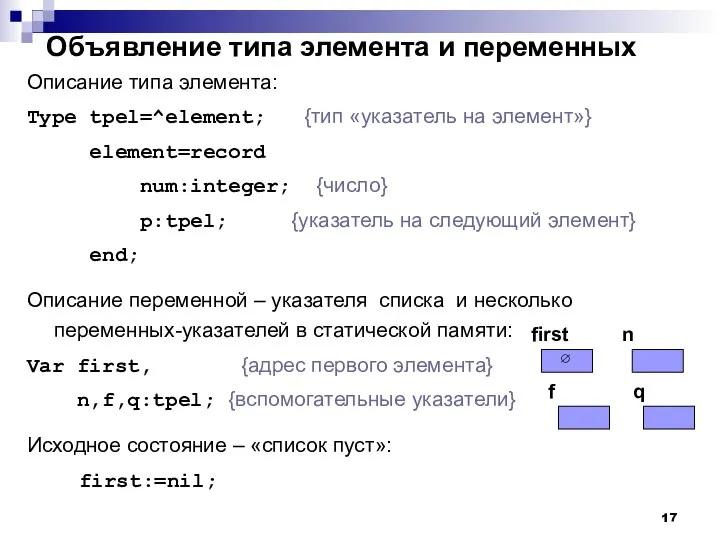 Объявление типа элемента и переменных Описание типа элемента: Type tpel=^element; {тип