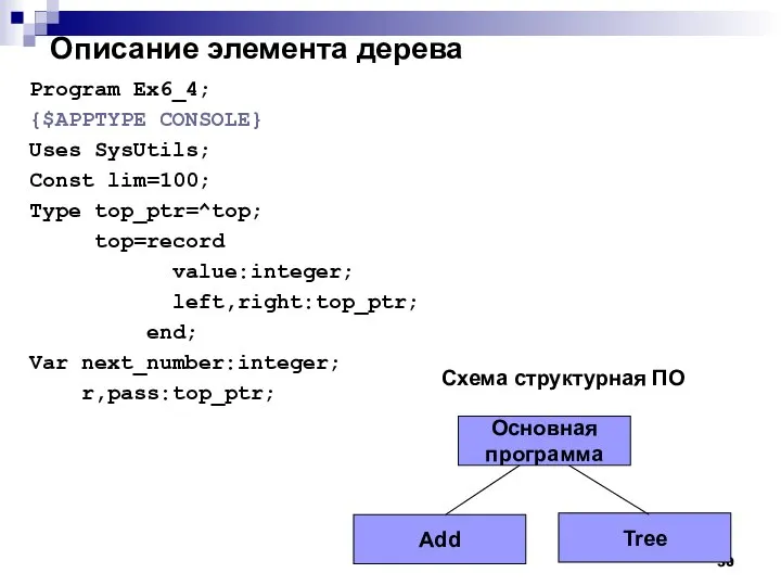 Описание элемента дерева Program Ex6_4; {$APPTYPE CONSOLE} Uses SysUtils; Const lim=100;