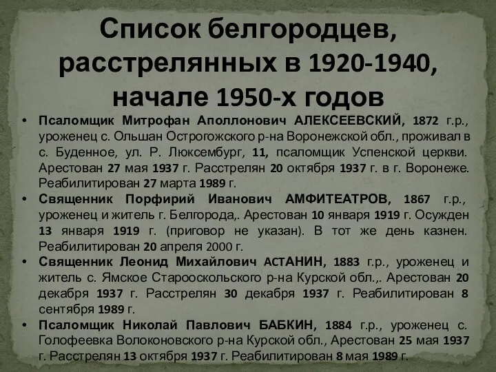 Список белгородцев, расстрелянных в 1920-1940, начале 1950-х годов Псаломщик Митрофан Аполлонович