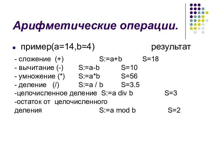 Арифметические операции. пример(а=14,b=4) результат - сложение (+) S:=a+b S=18 - вычитание