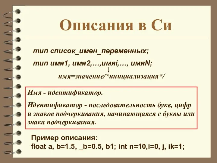 Описания в Си Пример описания: float a, b=1.5, _b=0.5, b1; int