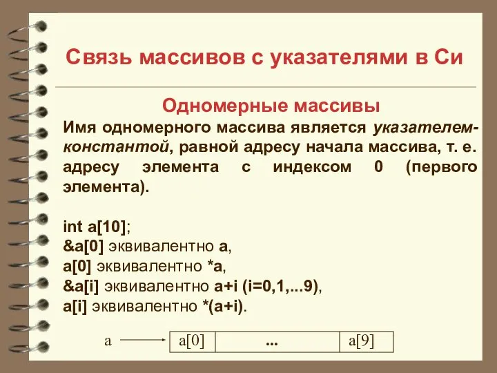 Связь массивов с указателями в Си Одномерные массивы Имя одномерного массива