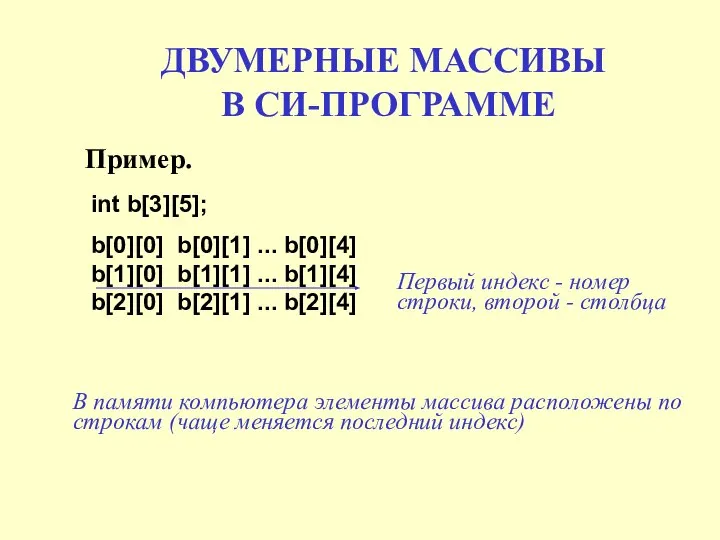 ДВУМЕРНЫЕ МАССИВЫ В СИ-ПРОГРАММЕ Пример. int b[3][5]; b[0][0] b[0][1] ... b[0][4]