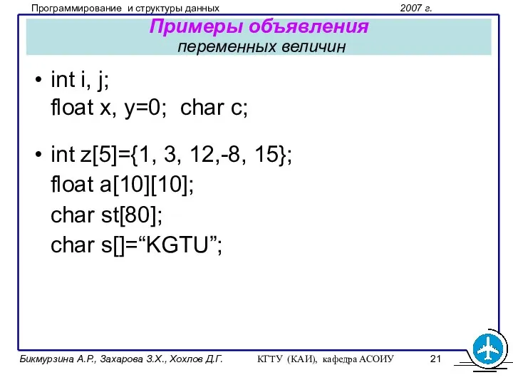 Бикмурзина А.Р., Захарова З.Х., Хохлов Д.Г. КГТУ (КАИ), кафедра АСОИУ Примеры