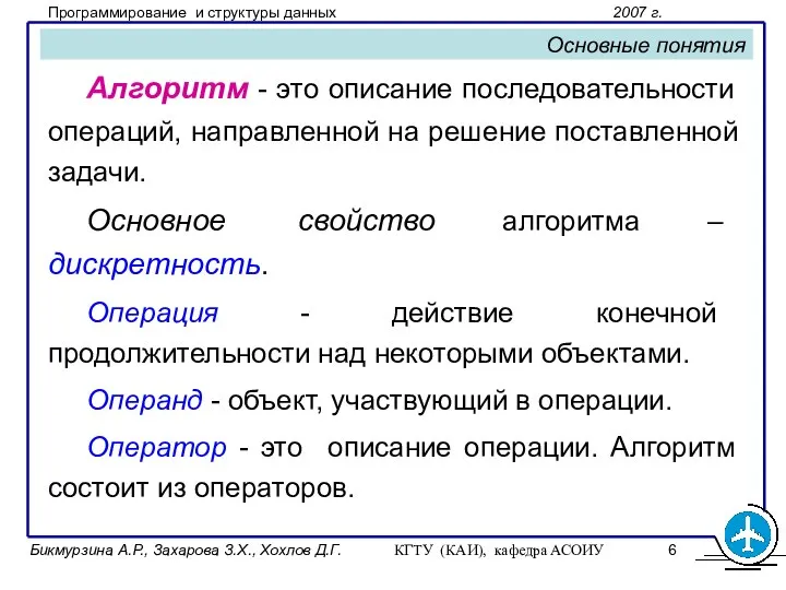 Бикмурзина А.Р., Захарова З.Х., Хохлов Д.Г. КГТУ (КАИ), кафедра АСОИУ Алгоритм