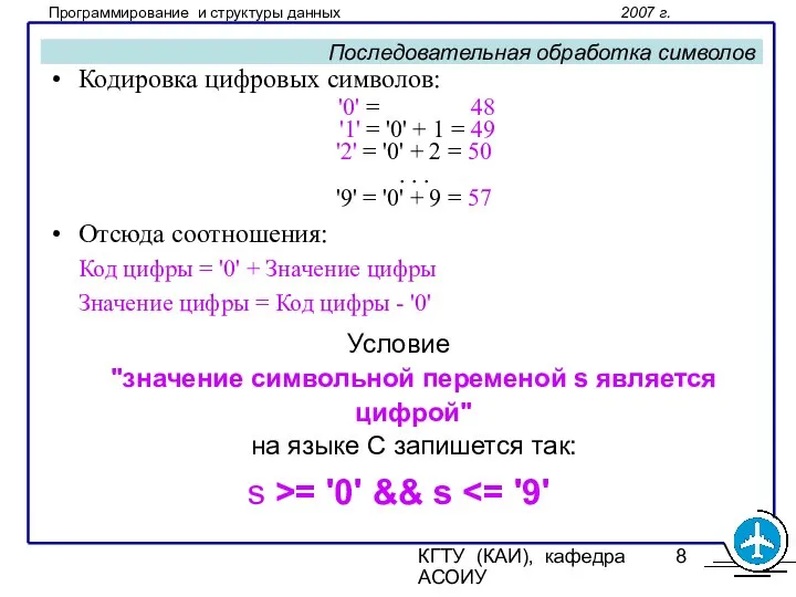 КГТУ (КАИ), кафедра АСОИУ Последовательная обработка символов Кодировка цифровых символов: '0'