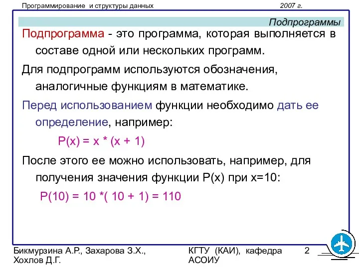 Бикмурзина А.Р., Захарова З.Х., Хохлов Д.Г. КГТУ (КАИ), кафедра АСОИУ Подпрограммы