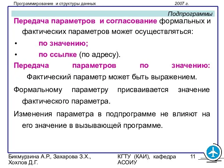 Бикмурзина А.Р., Захарова З.Х., Хохлов Д.Г. КГТУ (КАИ), кафедра АСОИУ Подпрограммы