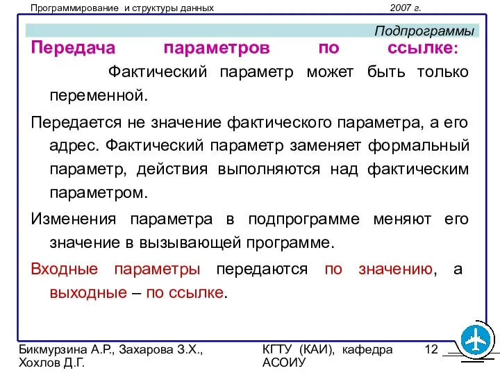 Бикмурзина А.Р., Захарова З.Х., Хохлов Д.Г. КГТУ (КАИ), кафедра АСОИУ Подпрограммы