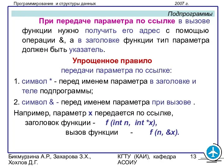 Бикмурзина А.Р., Захарова З.Х., Хохлов Д.Г. КГТУ (КАИ), кафедра АСОИУ Подпрограммы