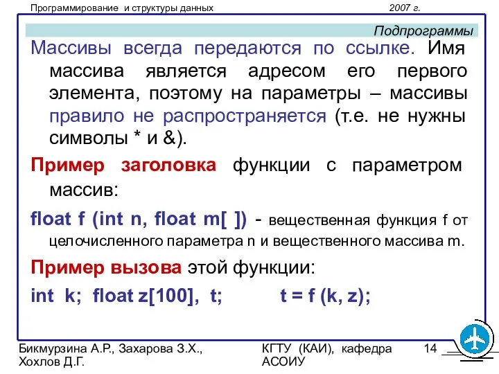 Бикмурзина А.Р., Захарова З.Х., Хохлов Д.Г. КГТУ (КАИ), кафедра АСОИУ Подпрограммы