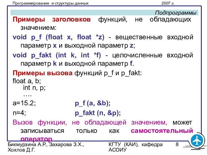 Бикмурзина А.Р., Захарова З.Х., Хохлов Д.Г. КГТУ (КАИ), кафедра АСОИУ Подпрограммы