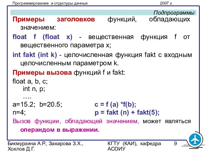 Бикмурзина А.Р., Захарова З.Х., Хохлов Д.Г. КГТУ (КАИ), кафедра АСОИУ Подпрограммы