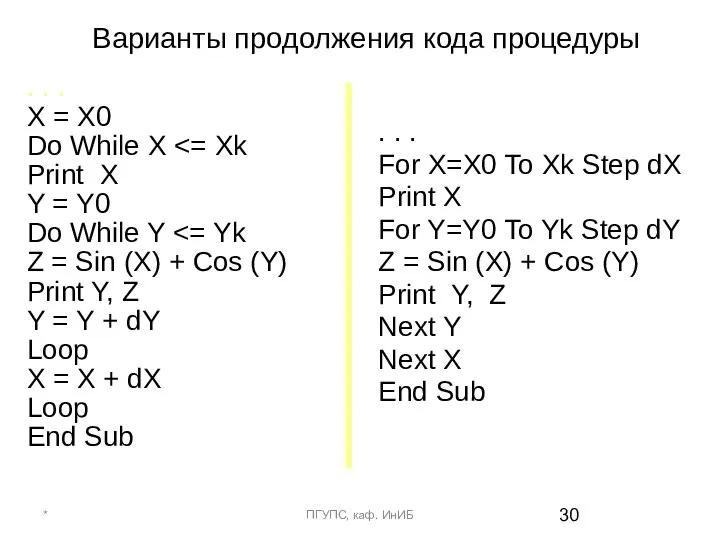 Варианты продолжения кода процедуры . . . X = X0 Do