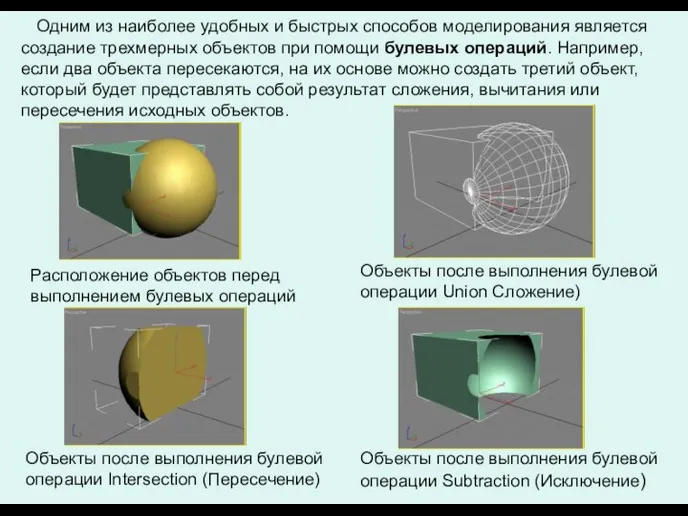 Расположение объектов перед выполнением булевых операций Объекты после выполнения булевой операции