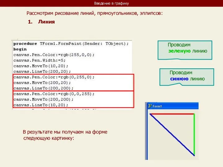 Введение в графику Рассмотрим рисование линий, прямоугольников, эллипсов: Линия Проводим зеленую