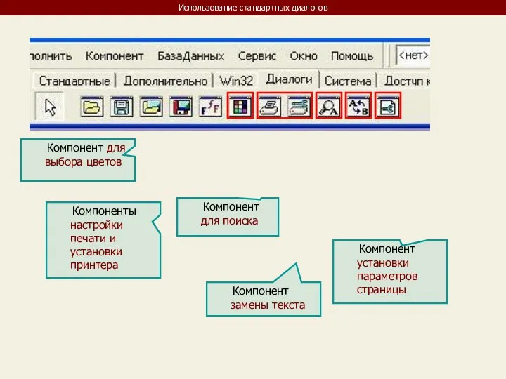 Использование стандартных диалогов Компонент для выбора цветов Компоненты настройки печати и