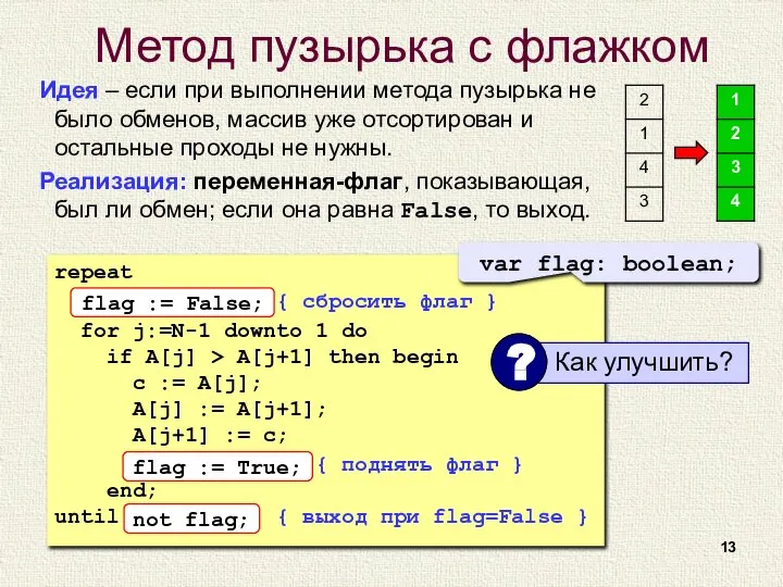 Метод пузырька с флажком Идея – если при выполнении метода пузырька