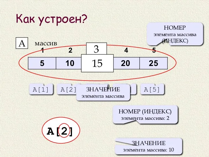 Как устроен? A массив 3 15 НОМЕР элемента массива (ИНДЕКС) A[1]