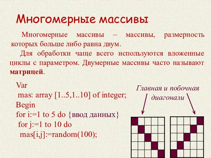 Многомерные массивы Многомерные массивы – массивы, размерность которых больше либо равна