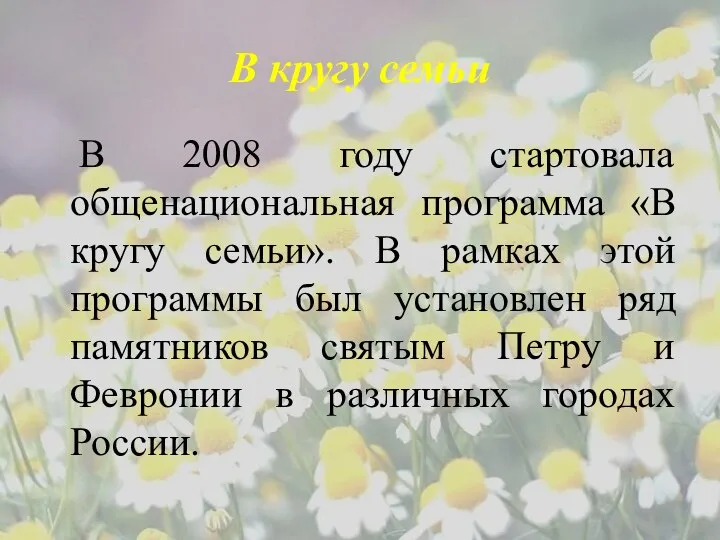 В кругу семьи В 2008 году стартовала общенациональная программа «В кругу