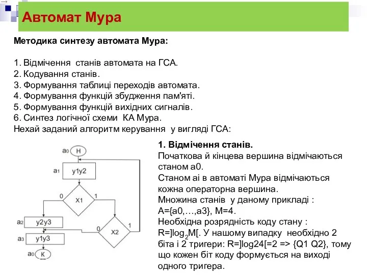 Автомат Мура Методика синтезу автомата Мура: 1. Відмічення станів автомата на