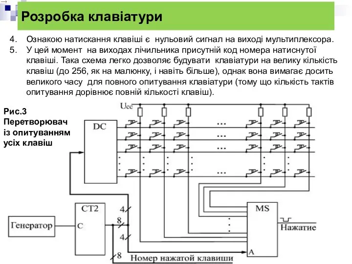 Розробка клавіатури Ознакою натискання клавіші є нульовий сигнал на виході мультиплексора.