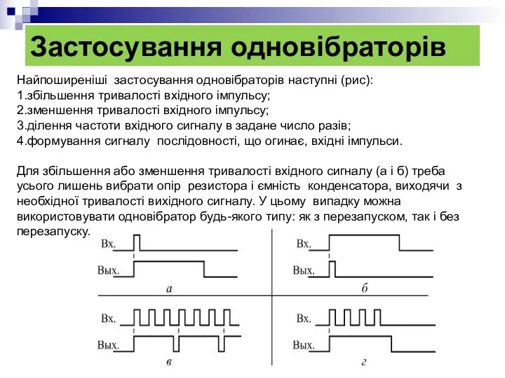 Застосування одновібраторів Найпоширеніші застосування одновібраторів наступні (рис): 1.збільшення тривалості вхідного імпульсу;