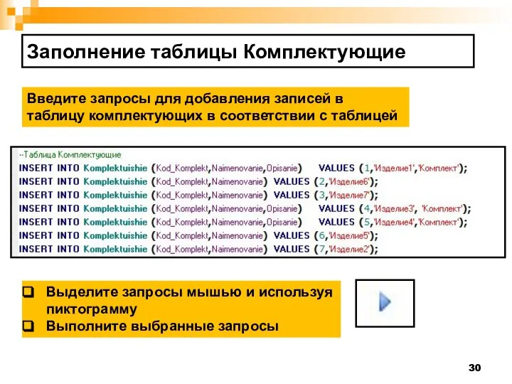 Заполнение таблицы Комплектующие Введите запросы для добавления записей в таблицу комплектующих
