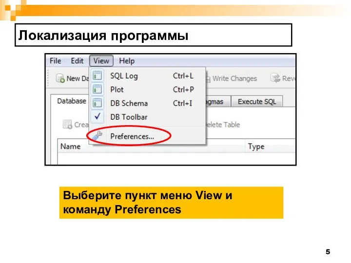 Локализация программы Выберите пункт меню View и команду Preferences