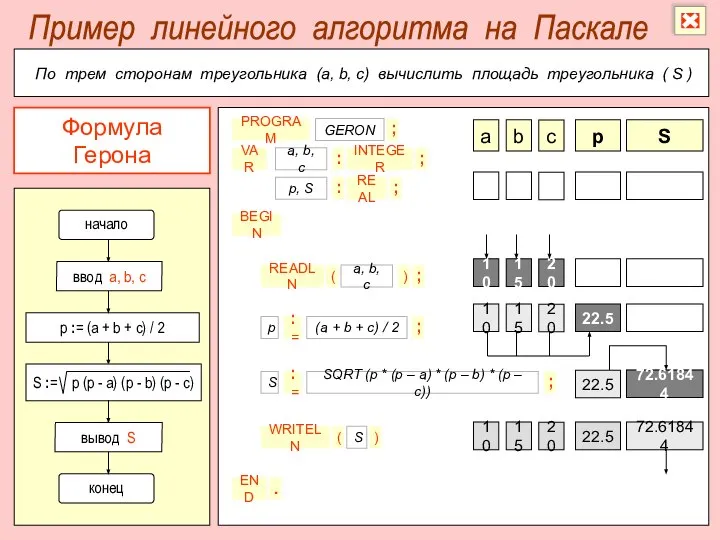 По трем сторонам треугольника (a, b, c) вычислить площадь треугольника (