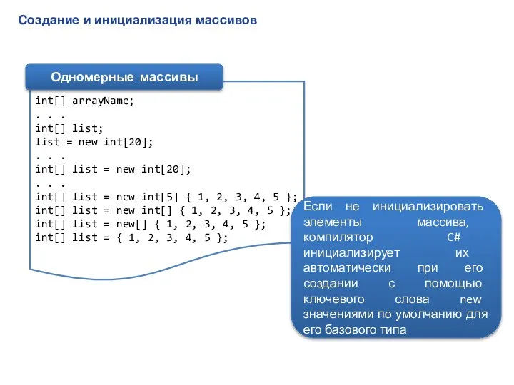 Создание и инициализация массивов int[] arrayName; . . . int[] list;