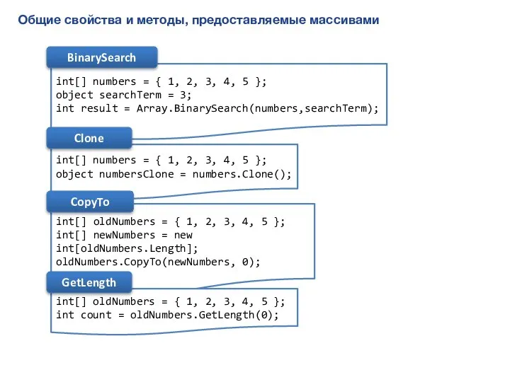 Общие свойства и методы, предоставляемые массивами