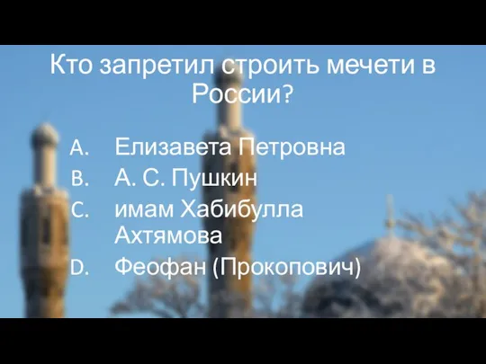 Кто запретил строить мечети в России? Елизавета Петровна А. С. Пушкин имам Хабибулла Ахтямова Феофан (Прокопович)