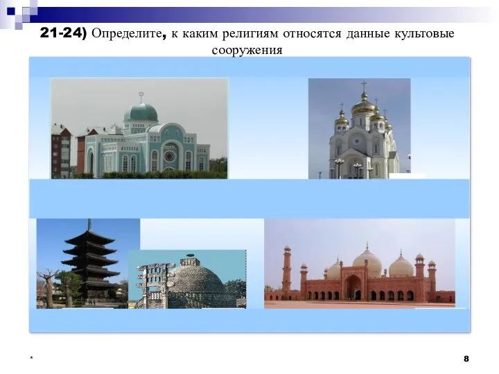 * 21-24) Определите, к каким религиям относятся данные культовые сооружения