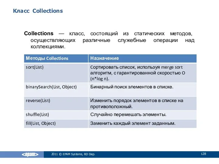 Класс Collections Collections — класс, состоящий из статических методов, осуществляющих различные