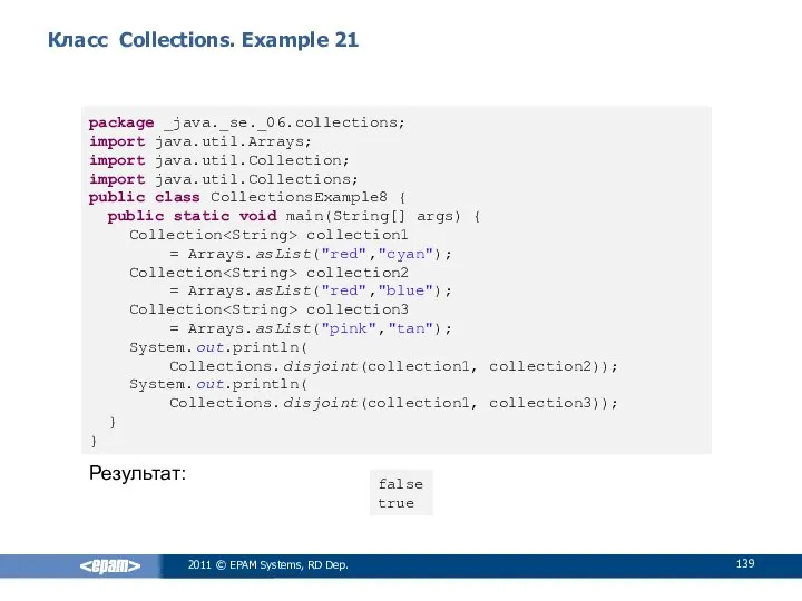 Класс Collections. Example 21 2011 © EPAM Systems, RD Dep. package
