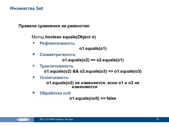 Множества Set Правила сравнения на равенство Метод boolean equals(Object o) Рефлексивность