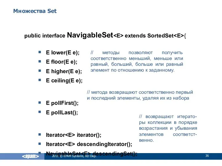 Множества Set public interface NavigableSet extends SortedSet { E lower(E e);