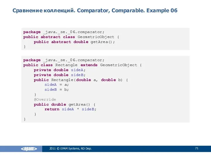 Сравнение коллекций. Comparator, Comparable. Example 06 2011 © EPAM Systems, RD